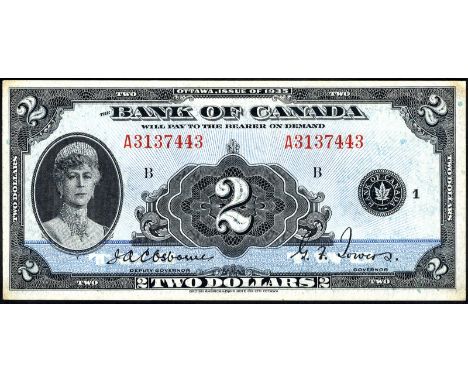 Canada, P 40, Linzmayer B303a, Bank of Canada, 2 Dollars 1935. Portrait of Queen Mary at left on front. Signatures Osborne - 