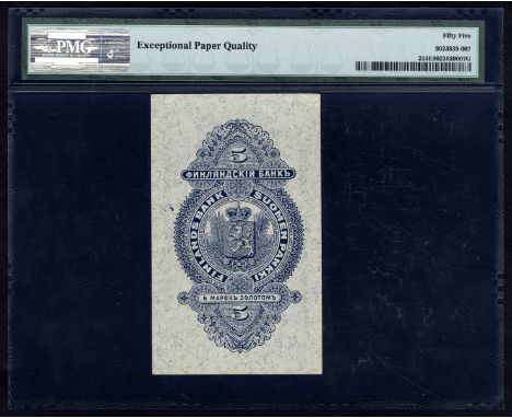 Finland, P 2, Finlands Bank, 5 Markkaa, 1897. Coat of arms of Finland with imperial Russian arms at center left, portrait of 