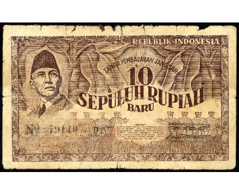 Indonesia, P 35Eb, Handjaja H-220, UnO 1006, Republik Indonesia, 10 Rupiah Baru, 1949. Portrait of president Soekarno at left