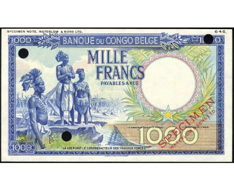 Belgian Congo, P 19cts, NBBC-B32,  Banque du Congo Belge, 1,000 Francs, (1944-47), COLOR TRIAL. Blue. Three Warega fisherman 