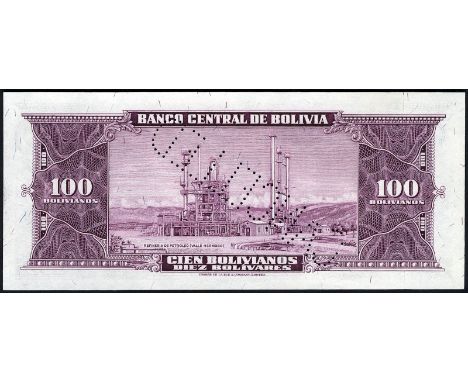 Bolivia, P 147s, El Banco Central de Bolivia, 100 Bolivianos, L.1945, SPECIMEN. Coat of arms of Bolivia at left, portrait of 