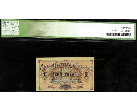 Belgium, NBBB-2b, P 86b, Société Générale de Belgique, 1 Franc, 9 October 1917. Portrait of Queen Louise-Marie at left on fro