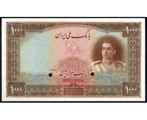 Iran, P 46ct, Linzmayer B141at, Bank Melli Iran, 1,000 Rials, (1944), COLOR TRIAL. Brown. Winged bull at center, portrait of 