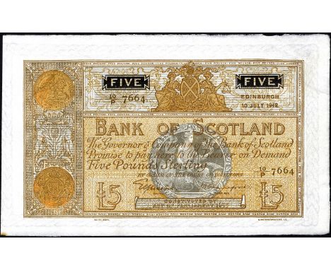 Scotland, P 92c, Bank of Scotland, 5 Pounds, 10 July 1942. Coat of arms at left and top, allegorical figure at center on fron