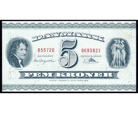Denmark, P 42m, Linzmayer B912g, Sieg 129, Danmarks Nationalbank, 5 Kroner, (19)57. Portrait of Bertel Thorvaldsen, from a pa