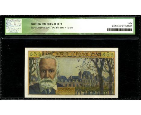 France, P 141a, Fayette 56.12, Baque de France, 5 Nouveaux Francs, 5 July 1962. Portrait of Victor Hugo at right, Panthéon in