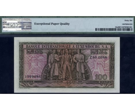 Luxembourg, P 13a, Schneider A18a, Banque Internationale a Luxembourg, S.A., 100 Francs, 21 April 1956. Farm wife at left, po