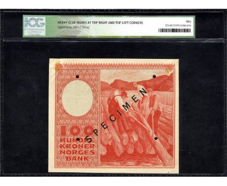 Norway, P 33s, Norges Bank, 100 Kroner, 1950, SPECIMEN. Portrait of Henrik Wergeland at upper left, coat of arms of Norway at