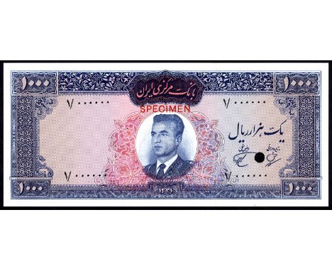 Iran, P 75ct, Linzmayer B207at, Bank Markazi Iran, 1,000 Rials, 1962/1341, COLOR TRIAL. Blue. Portrait of Mohammad Reza Shah 