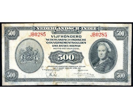 Netherlands Indies, P 118, Handjaja H-174, UnO 358, Nederlandsch-Indië, 500 Gulden, 2 March 1943. Coat of arms of the Netherl