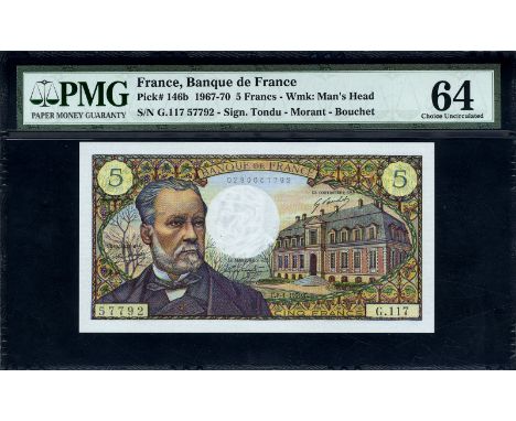 France, P 146b, Fayette 61.12, Banque de France, 5 Francs, 8 January 1970. Portrait of Louis Pasteur at left, the Pasteur Ins