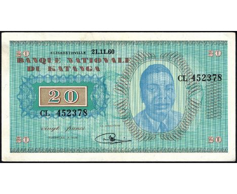 Katanga, P 6a, Linzmayer B204a, Banque Nationale du Katanga, 20 Francs, 21 November 1960. Portrait of Moise Tshombe at right 