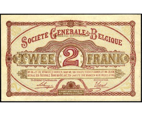 Belgium, NBBB-5, P 87, Société Générale de Belgique, 2 Francs, 17 November 1916. Portrait of Queen Louise-Marie at left on fr