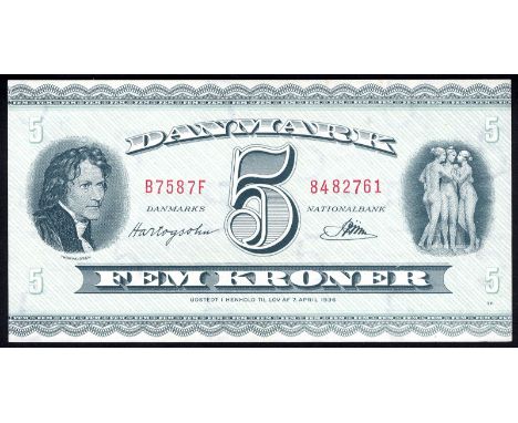 Denmark, P 42n, Linzmayer B912h, Sieg 129, Danmarks Nationalbank, 5 Kroner, (19)58. Portrait of Bertel Thorvaldsen, from a pa