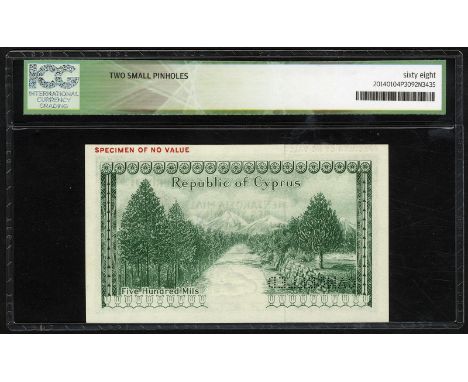 Cyprus, P 38s, Linzmayer B202as, Republic of Cyprus, 500 Mils, 1 December 1961, SPECIMEN. Coat of arms of Cyprus at right, ma