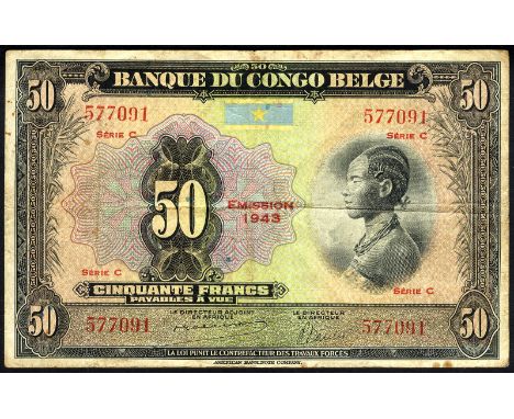 Belgian Congo, P 16b, NBBC-B22 , Banque du Congo Belge, 50 Francs, 1943. Portrait of woman at right on front. Signatures Goem