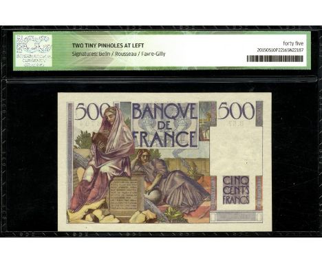 France, P 129a, Fayette 34.3, Banque de France, 500 Francs, 7 November 1945. Portrait of Chateaubriand with musical instrumen