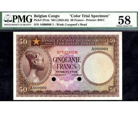 Belgian Congo, P 27cts, NBBC-C8 , Banque Centrale du Congo Belge et du Ruanda-Urundi, 50 Francs, (1953-55), COLOR TRIAL. Brow