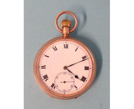 A 9ct-rose-gold-cased top-wind pocket watch, the white enamel dial with Roman numerals and seconds subsidiary over unsigned S