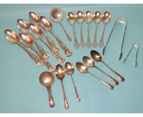 Six Georgian silver teaspoons and a pair of sugar tongs, various dates, a Victorian silver caddy spoon, Birmingham 1884 and a