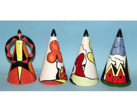 Lorna Bailey, a studio ceramic collection of three sugar sifters: "Ashcroft" (black signature), "Beach Huts" with blue Collec