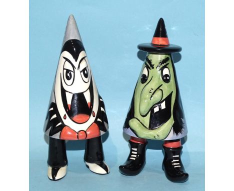 Lorna Bailey, a studio ceramic Walkware "Dracula" sugar sifter and another, "Witch", 19cm high, both with black signatures, (