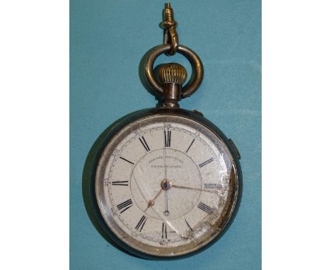 A silver-cased keyless lever chronograph centre-seconds pocket watch, the white enamel dial with outer 25/300 scale and Roman