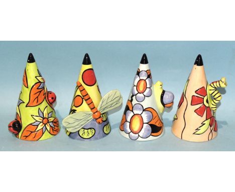 Lorna Bailey, a studio ceramic collection of four sugar sifters: "Dragonfly" 34/250, with black signature, a snail (blue Coll