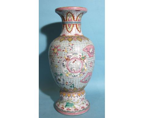 A Chinese famille rose vase finely-decorated with intricate panels of birds and on a floral ground, late Qing, 34cm high, (se