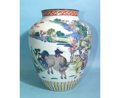 A 20th century Chinese Wucai-style famille verte baluster vase decorated with landscapes, mounted figures and a buffalo, with