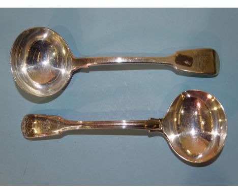 A William IV silver fiddle, thread and shell pattern sauce ladle, 17.5cm, London 1836, maker's mark rubbed, together with a s
