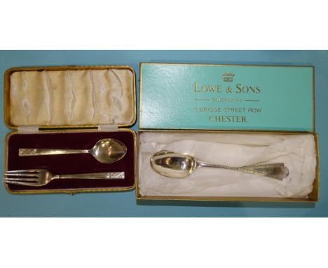 A christening spoon and fork in case, Sheffield 1958 and a Victorian dessert spoon, London 1876, ___2.8oz. 