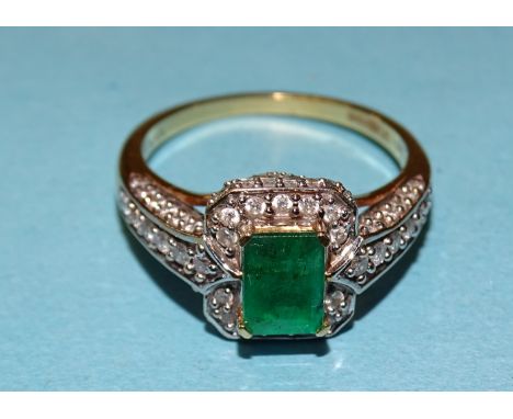 Iliana, an emerald and diamond cluster ring claw-set a rectangular emerald, (approximately 7 x 5mm, 0.63cts), within a surrou