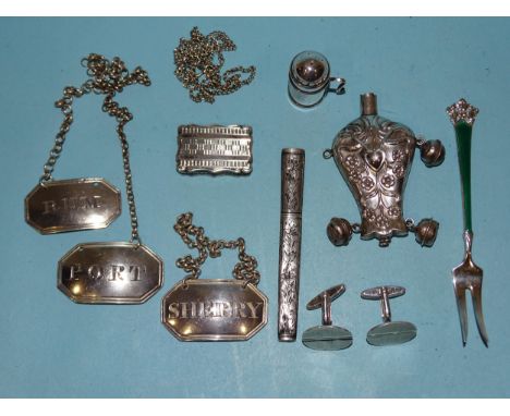 A Victorian vinaigrette with engine-turned decoration, with sponge, maker Frederick Marson, Birmingham 1854 and other small s
