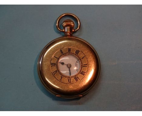 A Record Watch Co. gold-plated half-Albert top-wind pocket watch, the white enamel dial with Arabic numerals and seconds subs