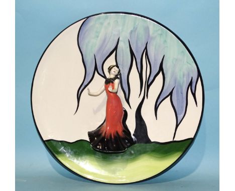 Lorna Bailey, a studio ceramic prototype Art Deco design charger, with applied female figure, 34cm diameter, blue Collectors'