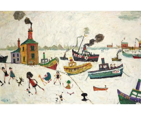 Simeon Stafford (b. 1956) FISHING BOATS REGISTERED TO PENZANCE, FOWEY AND ST IVES AND FIGURES ON A QUAYSIDE Signed oil on boa