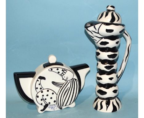 Lorna Bailey, a studio ceramic limited-edition black and white clown teapot, no.3/10, 17cm high, with blue Collectors' Club s