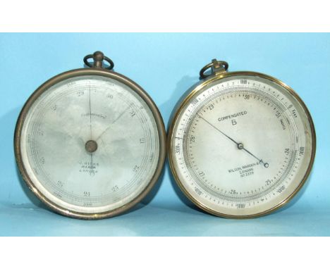 A gilt-brass compensated aneroid barometer, with hanging loop, rotating bezel with pointer and silvered dial signed Wilson, W