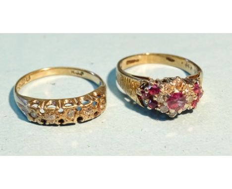 A 9ct gold ruby and diamond cluster ring, I, 2.7g and a 9ct gold ring set five diamonds, (with eight settings vacant), I 1/2 