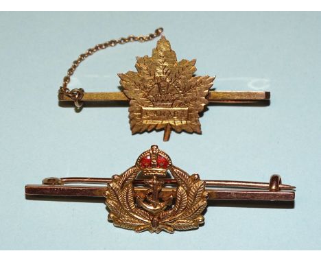 A 9ct gold and enamel Royal Navy sweetheart brooch and another, "Canada", 6.8g. 
