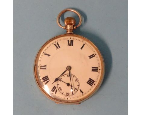 A 9ct-gold-cased top-wind pocket watch, the white enamel dial with Roman numerals and seconds subsidiary, metal cuvette, Swis