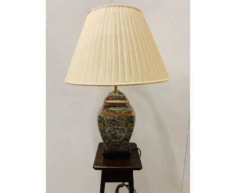 Porcelain Lamp with Fruit Trees, Butterfly's and Birds. Finished off with a Gilt Scrolled Border and Cream Shade 