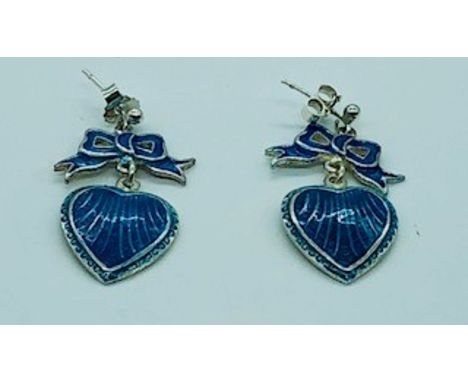 A Pair of Silver and Enamel Heart Shaped Drop Earrings