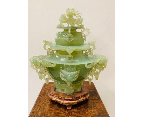 Carved Jade Dragon Lidded Vase on a Wooden Plinth ( H28cm X W24cm) AF 