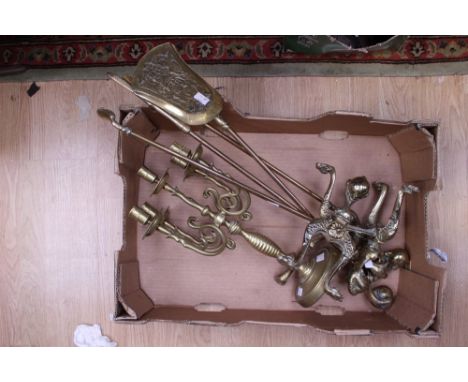 Brass fire dogs, brass companion set and brass five arm candlestick (6)