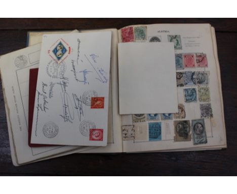 Excelsior stamp album with early contents, a disbound early album and a Monaco FIFA football signed envelope 28/4/65
