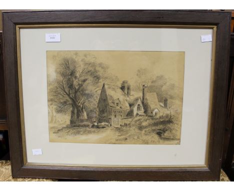 A 19th century English School, pencil sketch heightened with white chalk, rural scene with cottage, oak framed and glazed 