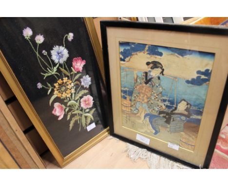 Japanese wood block print and framed needlework ?