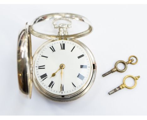  Thomas Russell of Lancaster, a George III silver pair case pocket watch, 5cm white enamel dial with Roman numerals, fusee mo
